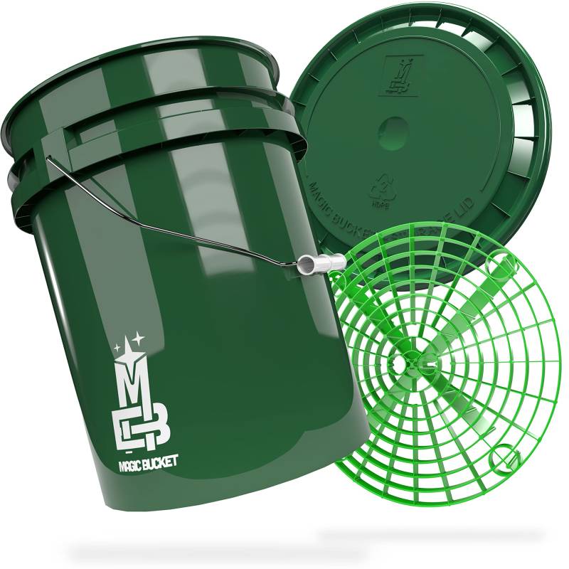 MAGIC BUCKET | Auto Handwäsche Bundle | Wascheimer mit passendem Eimer Deckel 5 US GALLONEN ca. 20 Liter | Mit Grit Guard Eimereinsatz Schmutzsieb | Waschset Dunkelgrün/Grün von MAGIC BUCKET