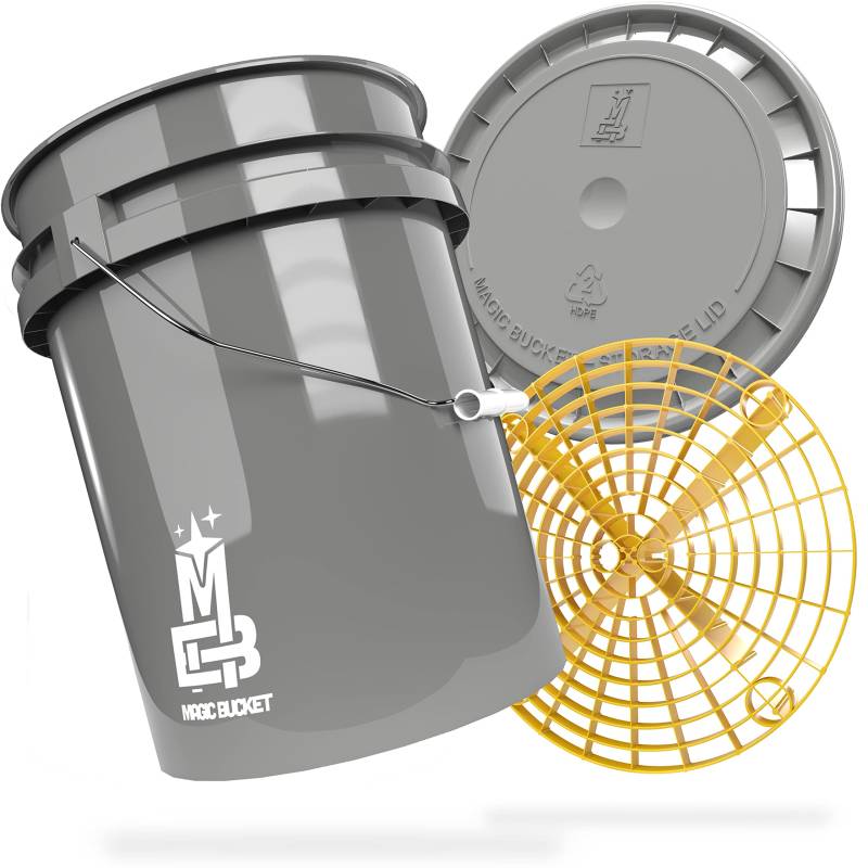 MAGIC BUCKET | Auto Handwäsche Bundle | Wascheimer mit passendem Eimer Deckel 5 US GALLONEN ca. 20 Liter | Mit Grit Guard Eimereinsatz Schmutzsieb | Waschset Grau/Gelb von MAGIC BUCKET