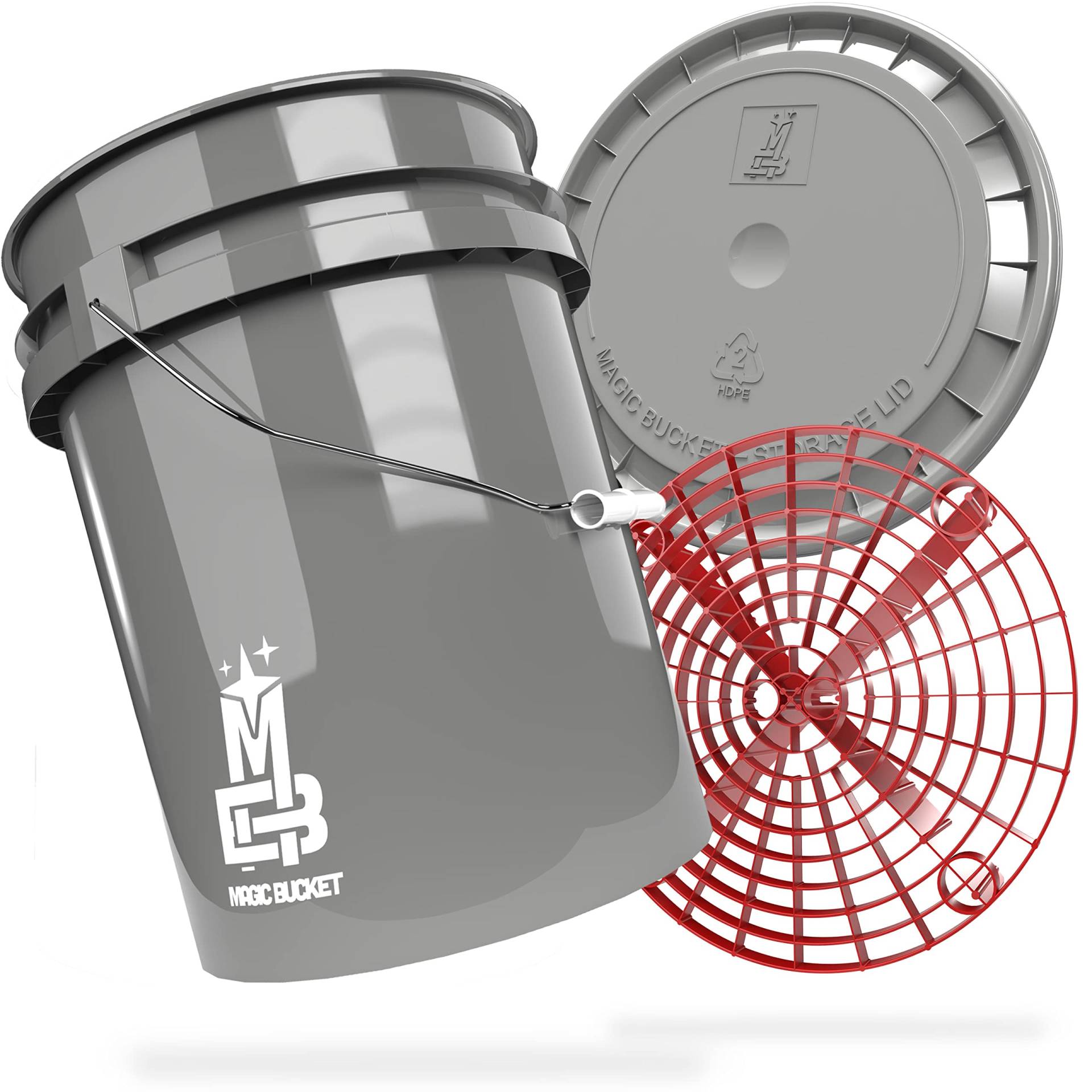 MAGIC BUCKET | Auto Handwäsche Bundle | Wascheimer mit passendem Eimer Deckel 5 US GALLONEN ca. 20 Liter | Mit Grit Guard Eimereinsatz Schmutzsieb | Waschset Grau/Rot von MAGIC BUCKET