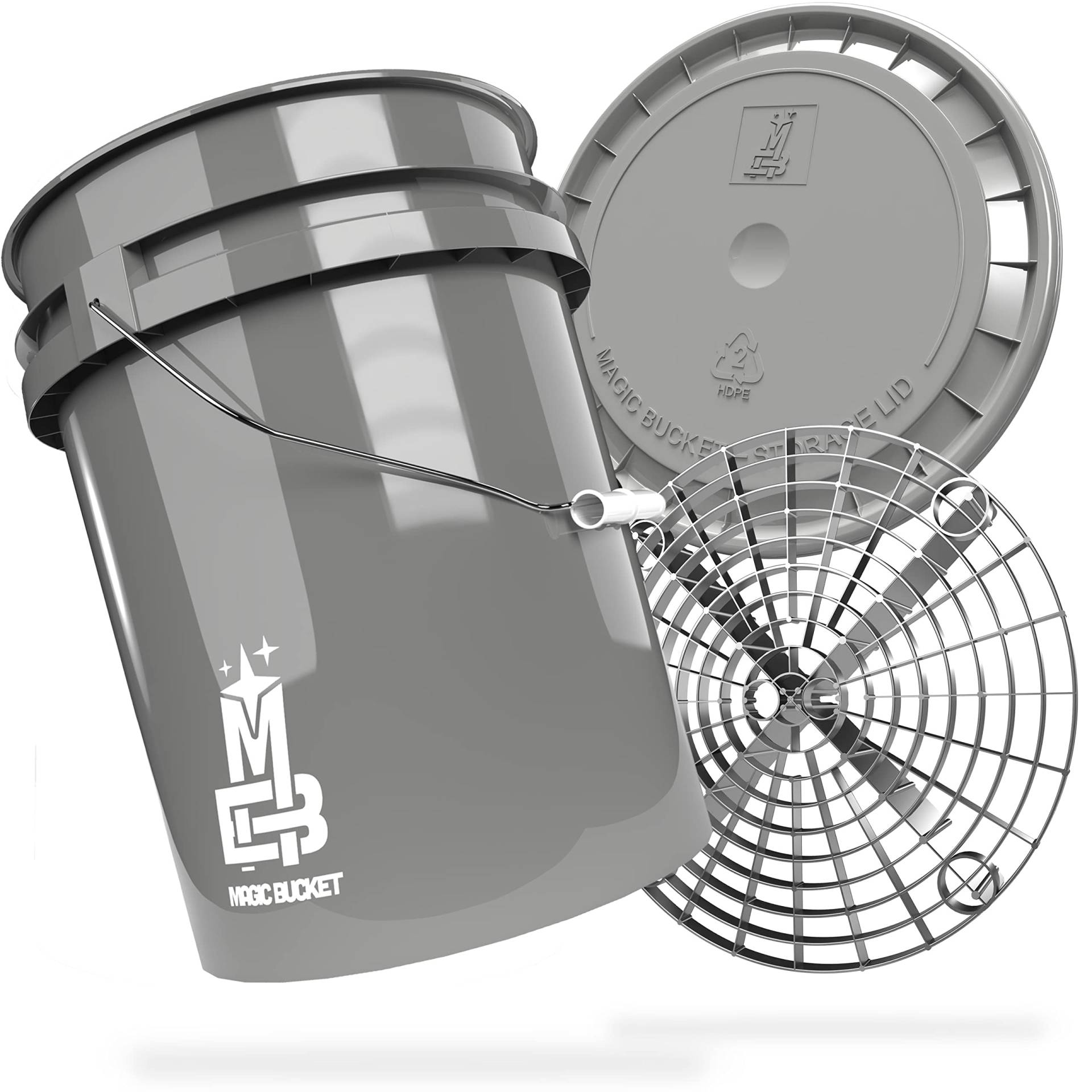 MAGIC BUCKET | Auto Handwäsche Bundle | Wascheimer mit passendem Eimer Deckel 5 US GALLONEN ca. 20 Liter | Mit Grit Guard Eimereinsatz Schmutzsieb | Waschset Grau/Silber von MAGIC BUCKET