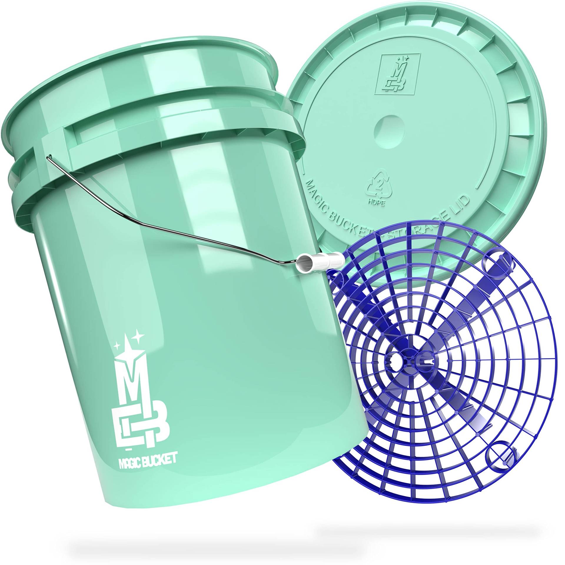 MAGIC BUCKET | Auto Handwäsche Bundle | Wascheimer mit passendem Eimer Deckel 5 US GALLONEN ca. 20 Liter | Mit Grit Guard Eimereinsatz Schmutzsieb | Waschset Mint/Blau von MAGIC BUCKET