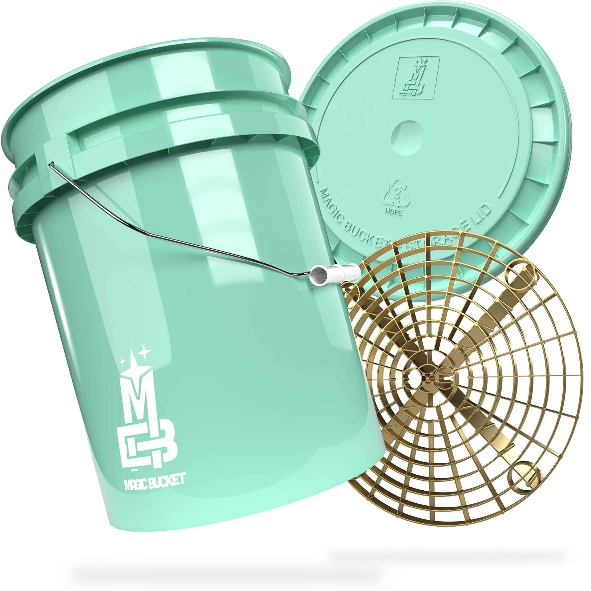 MAGIC BUCKET | Auto Handwäsche Bundle | Wascheimer mit passendem Eimer Deckel 5 US GALLONEN ca. 20 Liter | Mit Grit Guard Eimereinsatz Schmutzsieb | Waschset Mint/Gold von MAGIC BUCKET