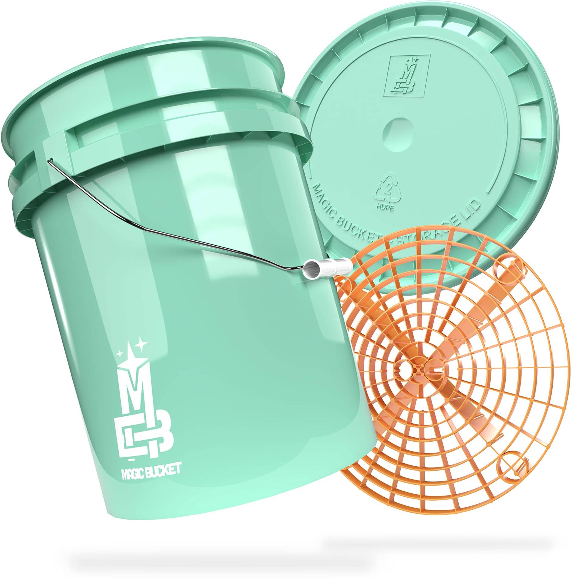 MAGIC BUCKET | Auto Handwäsche Bundle | Wascheimer mit passendem Eimer Deckel 5 US GALLONEN ca. 20 Liter | Mit Grit Guard Eimereinsatz Schmutzsieb | Waschset Mint/Orange von MAGIC BUCKET