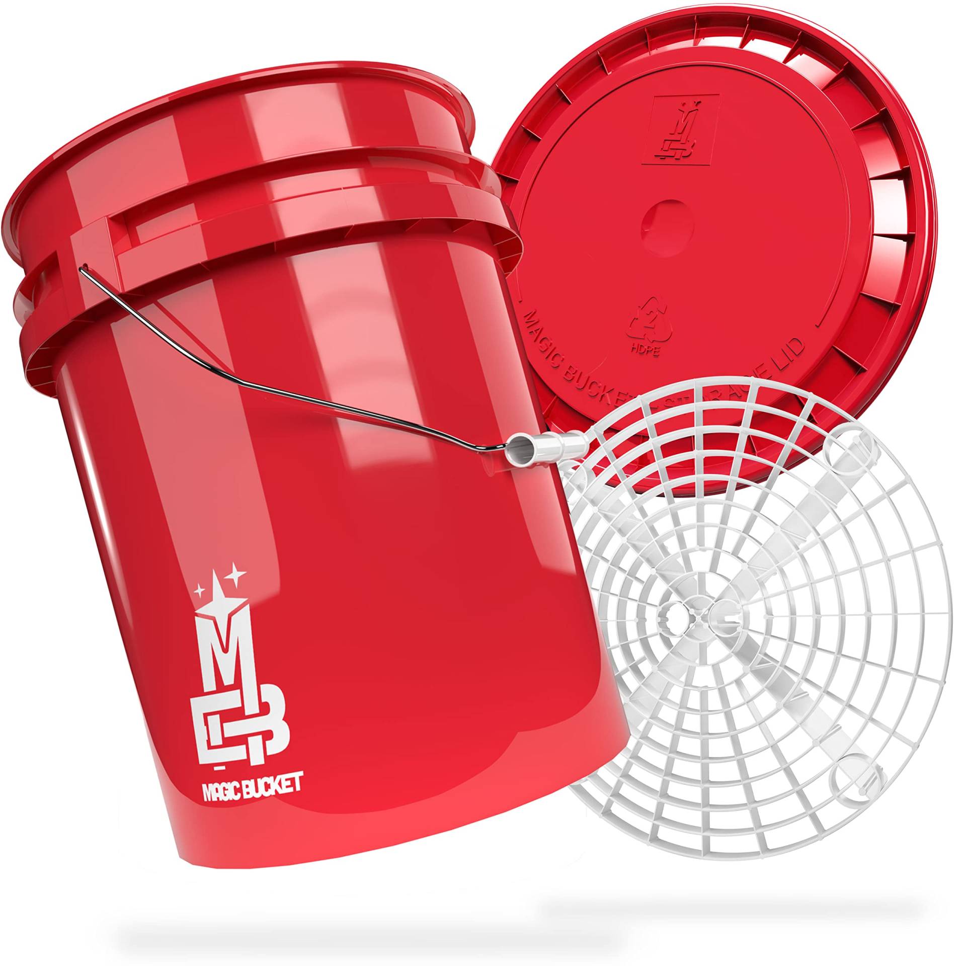 MAGIC BUCKET | Auto Handwäsche Bundle | Wascheimer mit passendem Eimer Deckel 5 US GALLONEN ca. 20 Liter | Mit Grit Guard Eimereinsatz Schmutzsieb | Waschset Rot/Weiß von MAGIC BUCKET