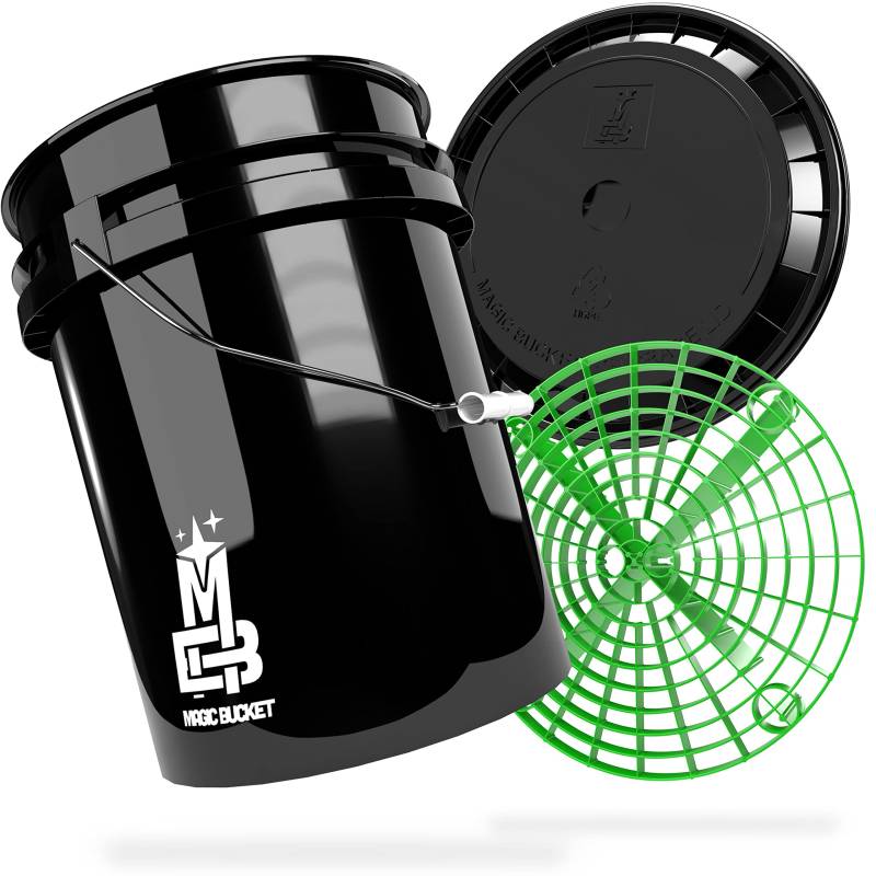 MAGIC BUCKET | Auto Handwäsche Bundle | Wascheimer mit passendem Eimer Deckel 5 US GALLONEN ca. 20 Liter | Mit Grit Guard Eimereinsatz Schmutzsieb | Waschset Schwarz/Grün von MAGIC BUCKET