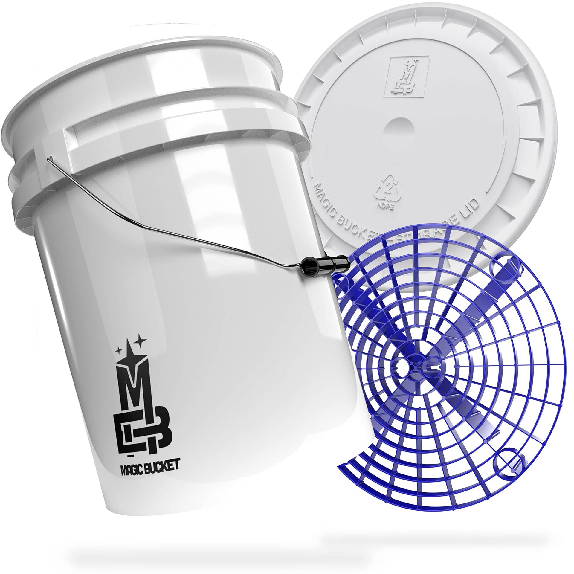 MAGIC BUCKET | Auto Handwäsche Bundle | Wascheimer mit passendem Eimer Deckel 5 US GALLONEN ca. 20 Liter | Mit Grit Guard Eimereinsatz Schmutzsieb | Waschset Weiß/Blau von MAGIC BUCKET