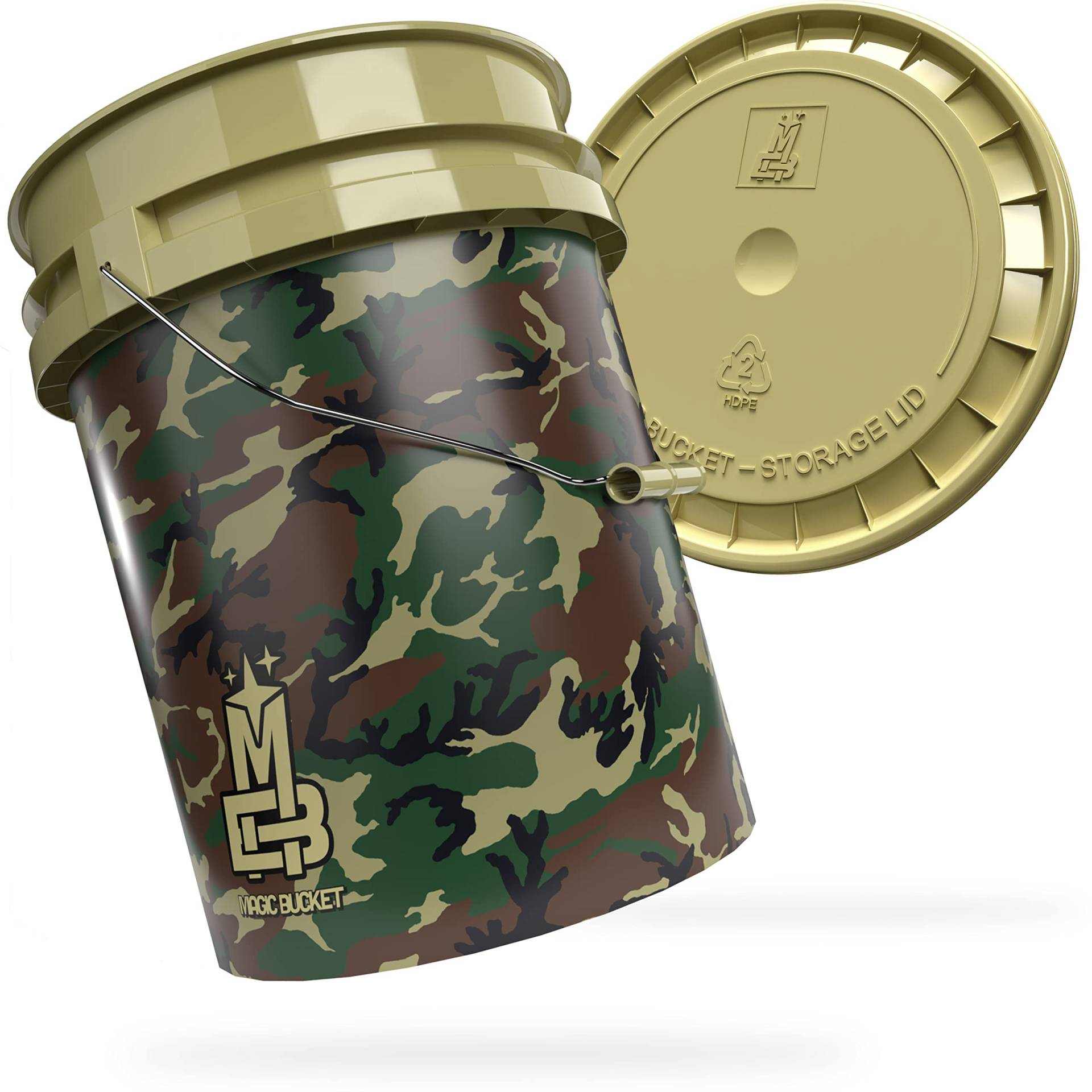 MAGIC BUCKET | Wascheimer Set für Auto Handwäsche Camouflage Grün mit passendem Eimer Deckel | 5 US GALLONEN ca. 20 Liter | kompatibel mit Grit Guard, Detail Guardz Dirt Lock, Chemical Guys Dirt Trap von MAGIC BUCKET