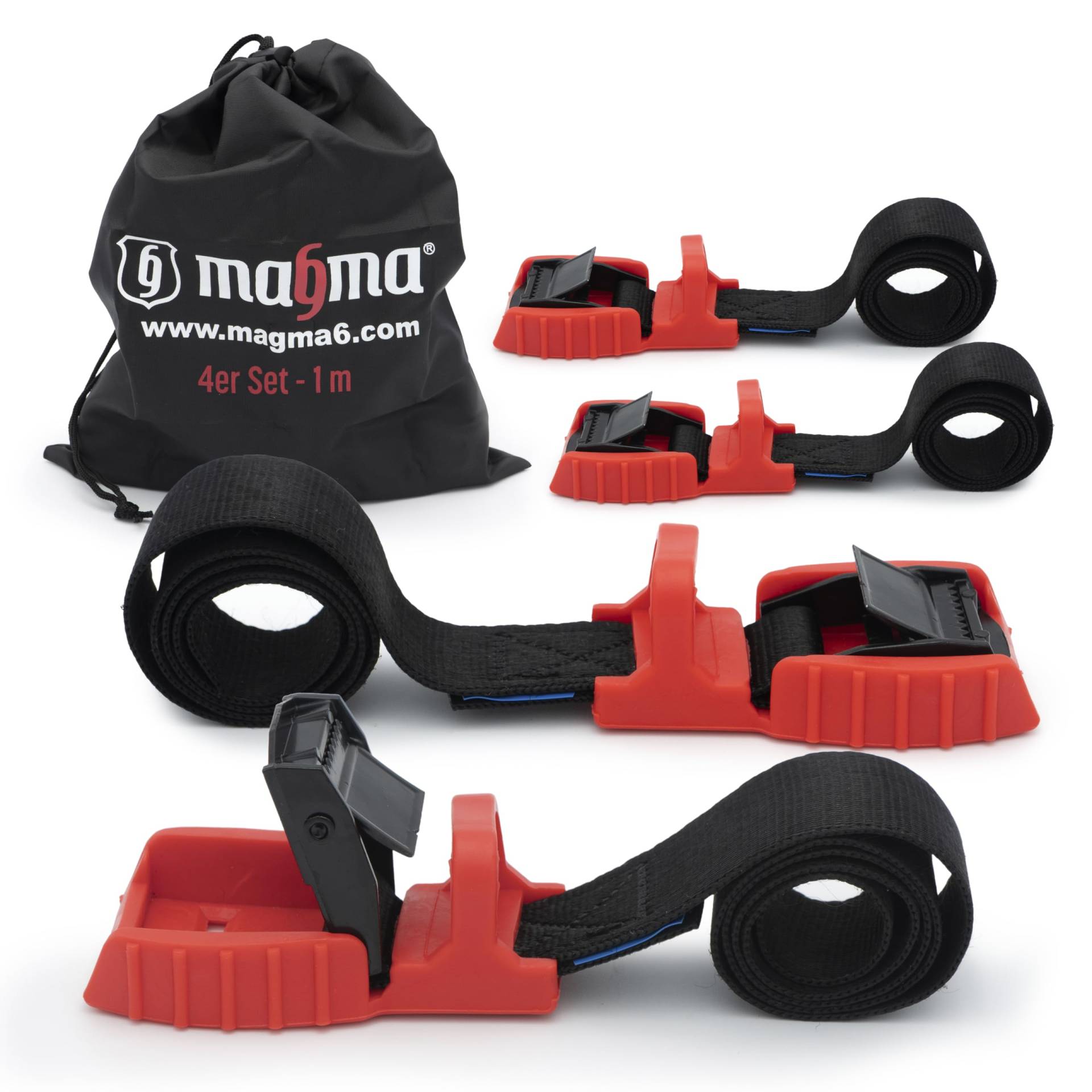 MAGMA 4 Spanngurte Mit Gummischnalle 1m | Sichere Verladung von Kajak, Kanu, Gepäck, Surfboard, Fahrrad auf Dachgepäckträger | Schnelles Öffnen & Verzurren | Bruchfestigkeit 500kg (Rot) von MAGMA