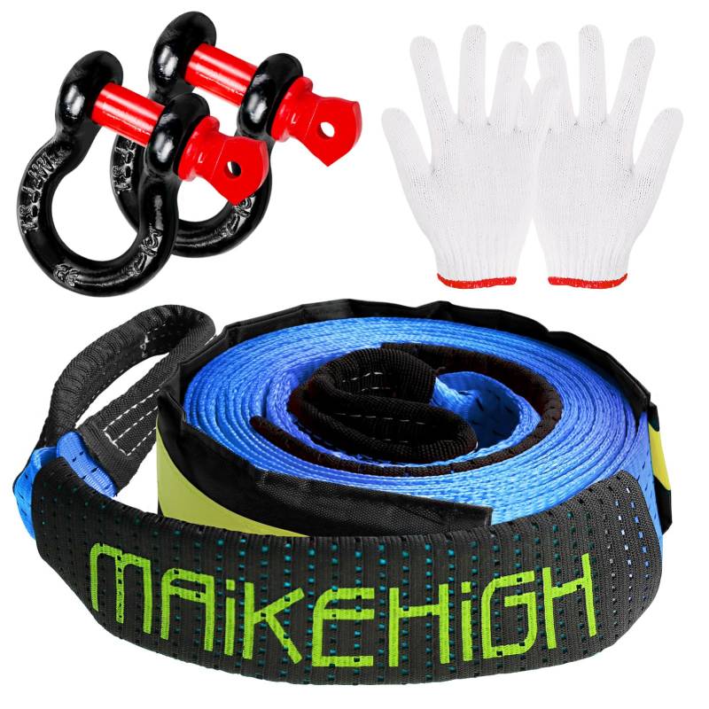 MAIKEHIGH Abschleppseil 5M x 5cm, 10 Tonnen (22,000 Lbs) Tow Rope Abschleppseile für Off-Road Recovery SUV mit 2 Verstärkten Haken, 2 Handschuhen (Blau) von MAIKEHIGH