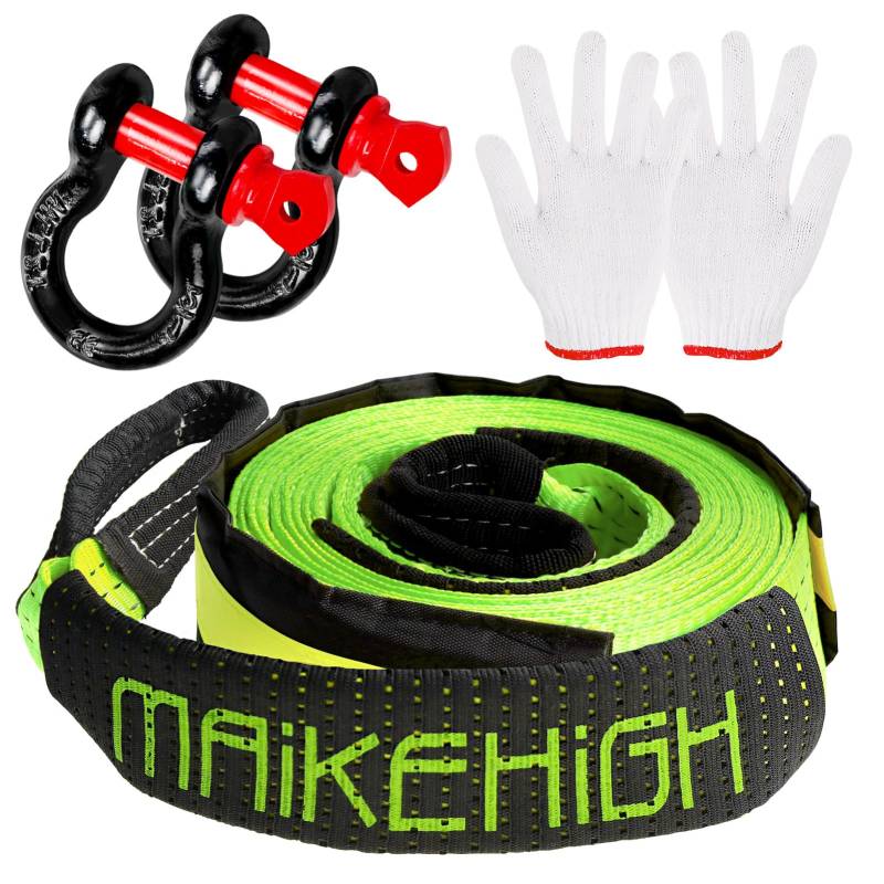 MAIKEHIGH Abschleppseil 5M x 5cm, 10 Tonnen (22,000 Lbs) Tow Rope Kit Für Off-Road Recovery mit 2 Verstärkten Haken, 2 Handschuhen (Grün) von MAIKEHIGH