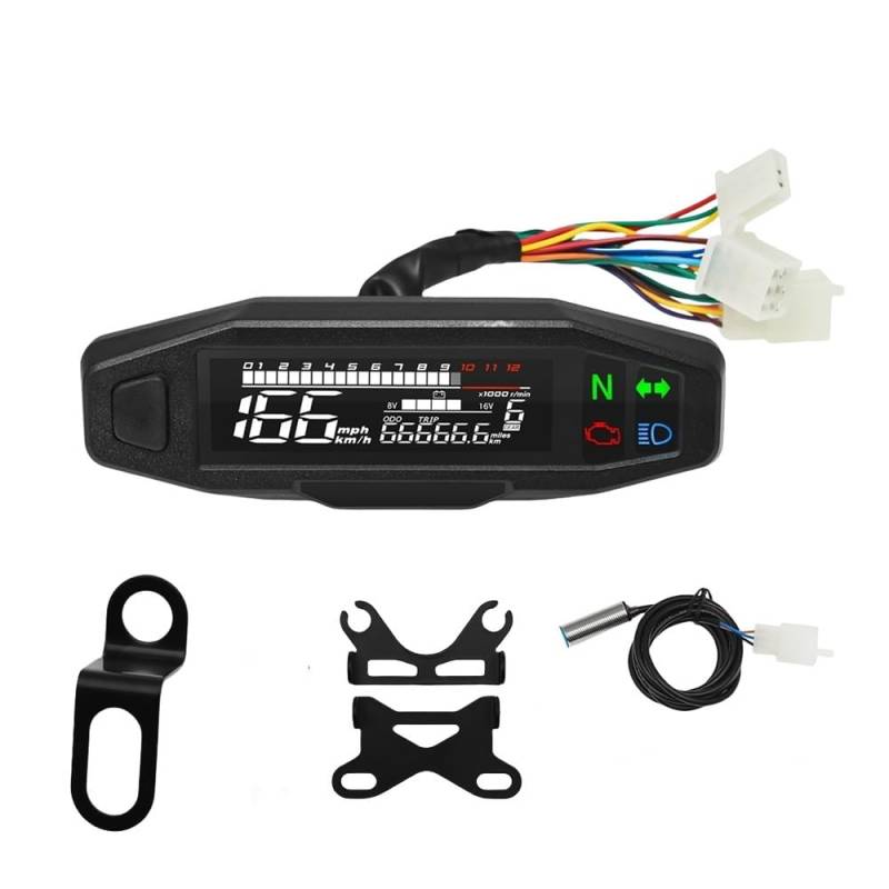 MALIYAE Armaturenbrett Display Kilometerzähler-Messgerät, Motorrad-Tachometer, Ölstandsmesser, 12 V, Universal-LCD-Tacho-Panel Mit Lichtanzeige(with 2pcs Bracket) von MALIYAE