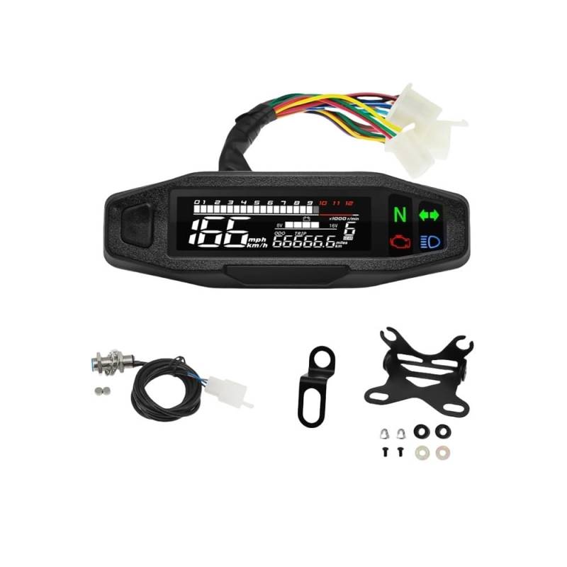 MALIYAE Armaturenbrett Display Universal Digital Motorrad Tachometer Moto Meter Digitaler Tachometer Kilometerzähler Instrument Sensor Speed ​​Gauge Tacho RPM Meter(with 2 Bracket) von MALIYAE