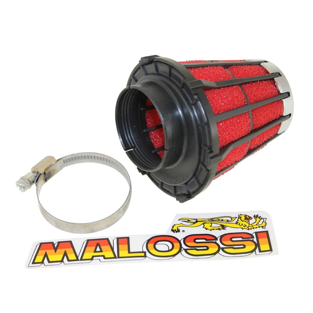 MALOSSI Rennluftfilter E5, gerade MIKUNI VM 24-28, Anschluss: 44mm, H 90mm schwarz, Innenfilter: rot, von MALOSSI