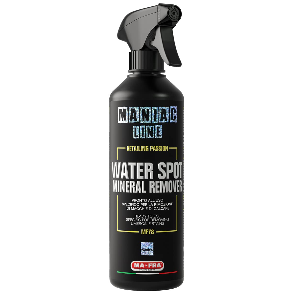 Mafra, Maniac Car Detailing Line, Water Spot Mineral Remover, Gebrauchsfertiger Dekontaminator speziell zur Entfernung von Kalk- und Oxidationsflecken, 500 ml Mafra, Maniac Car Detailing Line, Water Spot Mineral Remover, Gebrauchsfertiger Dekontaminator speziell zur Entfernung von Kalk- und Oxidationsflecken, 500 ml von MANIAC LINE MAFRA