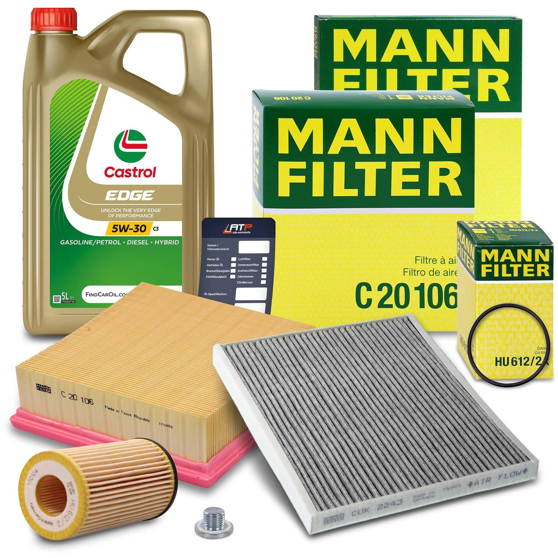 1x MANN-FILTER Ölfilter, 1x MANN-FILTER Luftfilter, 1x MANN-FILTER Innenraumfilter, 1x Motoröl 5W-30 C3 EDGE FLUID TITANIUM 5 l, 1x Ölablassschraube mit Dichtung Kompatibel mit OPEL CORSA D (S07) von MANN-FILTER