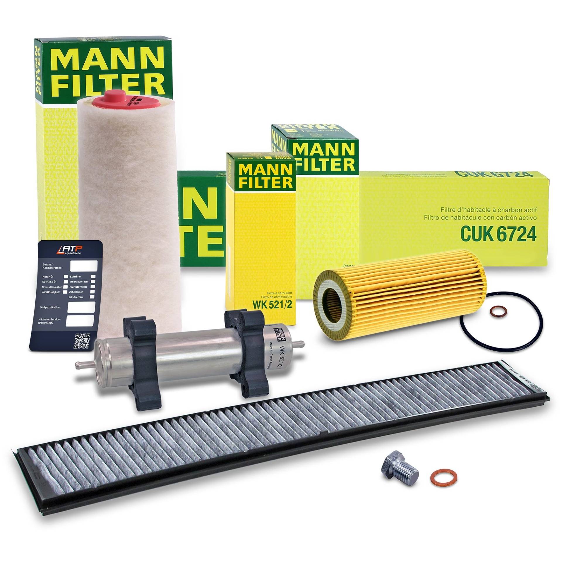 MANN-FILTER Inspektionspaket Filterset 1x Ölfilter, 1x Luftfilter, 1x Innenraumfilter (Aktivkohle), 1x Kraftstofffilter, 1x Ölablassschraube, 1x Ölwechselanhänger Kompatibel mit BMW 3er (E46) von MANN-FILTER