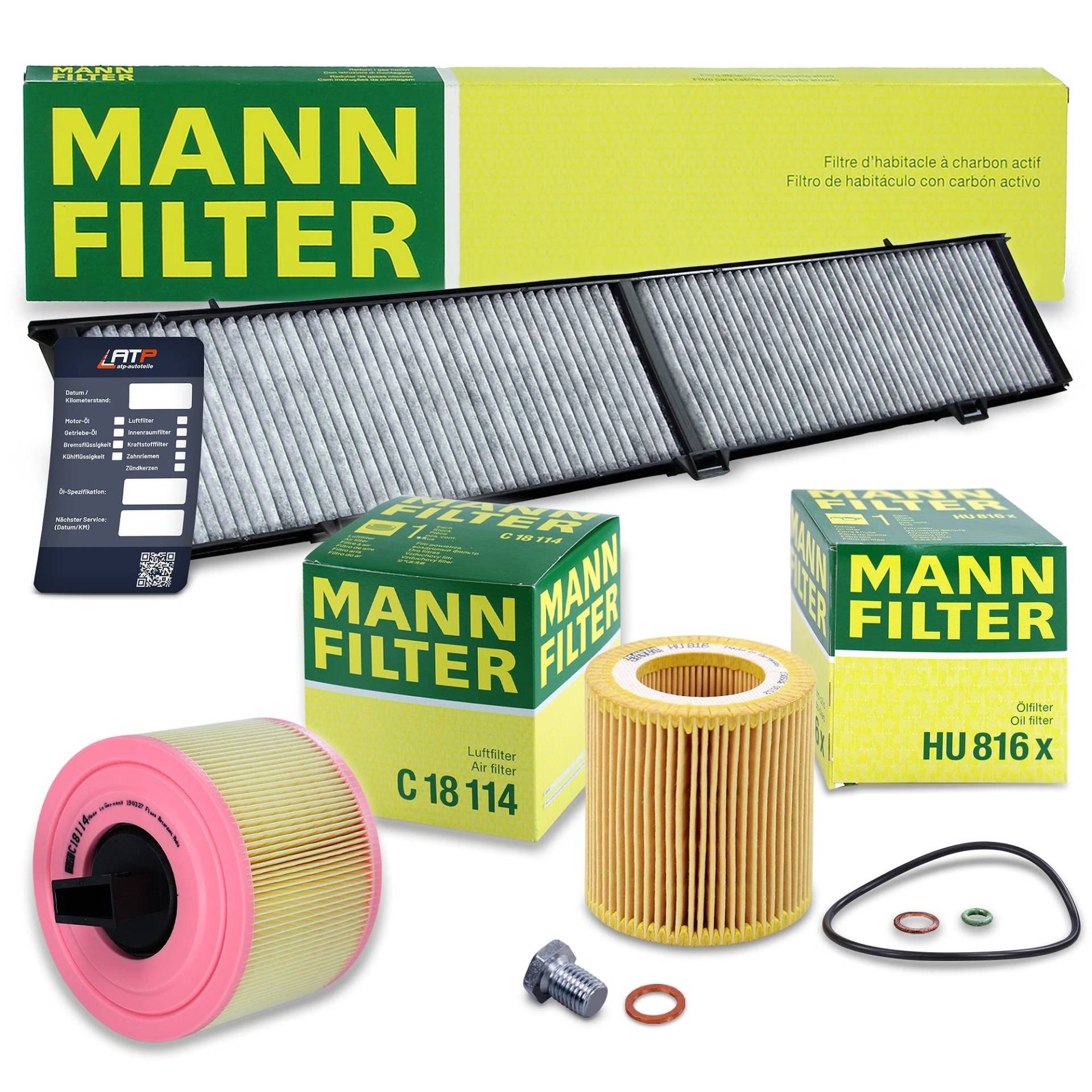 1x MANN-FILTER Ölfilter, 1x MANN-FILTER Luftfilter, 1x MANN-FILTER Innenraumfilter (Aktivkohlefilter), 1x Ölablassschraube Kompatibel mit BMW 1er (E81)(E87)(E82), 3er (E90)(E93)(E92)(E91), X1 (E84) von MANN-FILTER