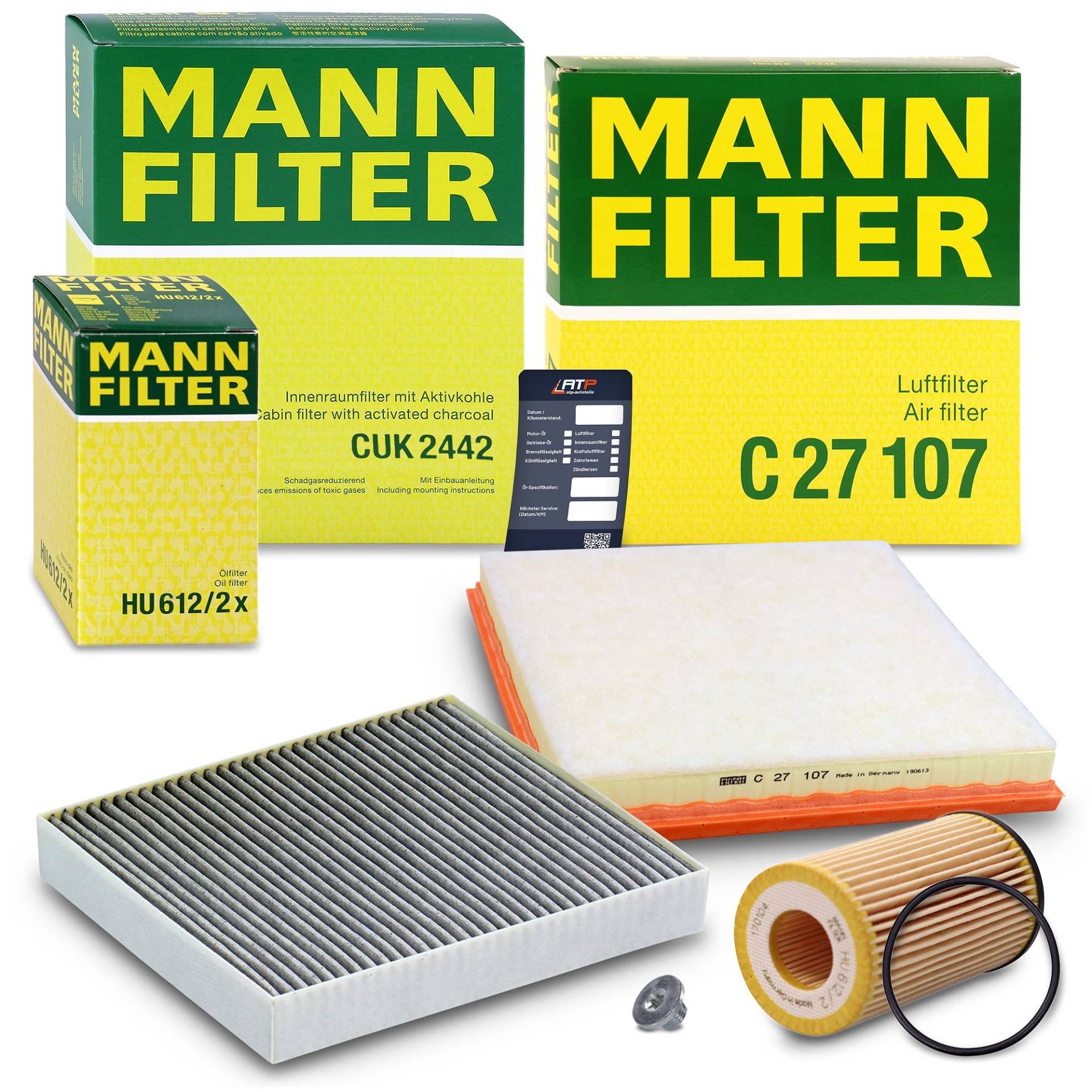 1x MANN-FILTER Ölfilter, 1x MANN-FILTER Luftfilter, 1x MANN-FILTER Innenraumfilter (Aktivkohlefilter), 1x Ölablassschraube Kompatibel mit OPEL ASTRA J (P10), CASCADA (W13), ZAFIRA TOURER C (P12) von MANN-FILTER