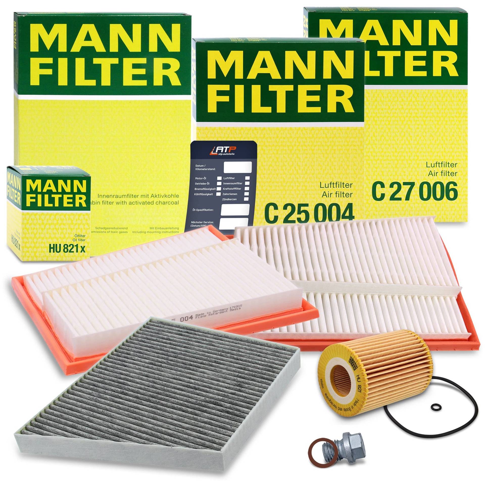 1x MANN-FILTER Ölfilter, 2x MANN-FILTER Luftfilter, 1x MANN-FILTER Innenraumfilter (Aktivkohlefilter), 1x Ölablassschraube mit Dichtring Kompatibel mit MERCEDES CLS (C219), E-Klasse (W211)(S211) von MANN-FILTER