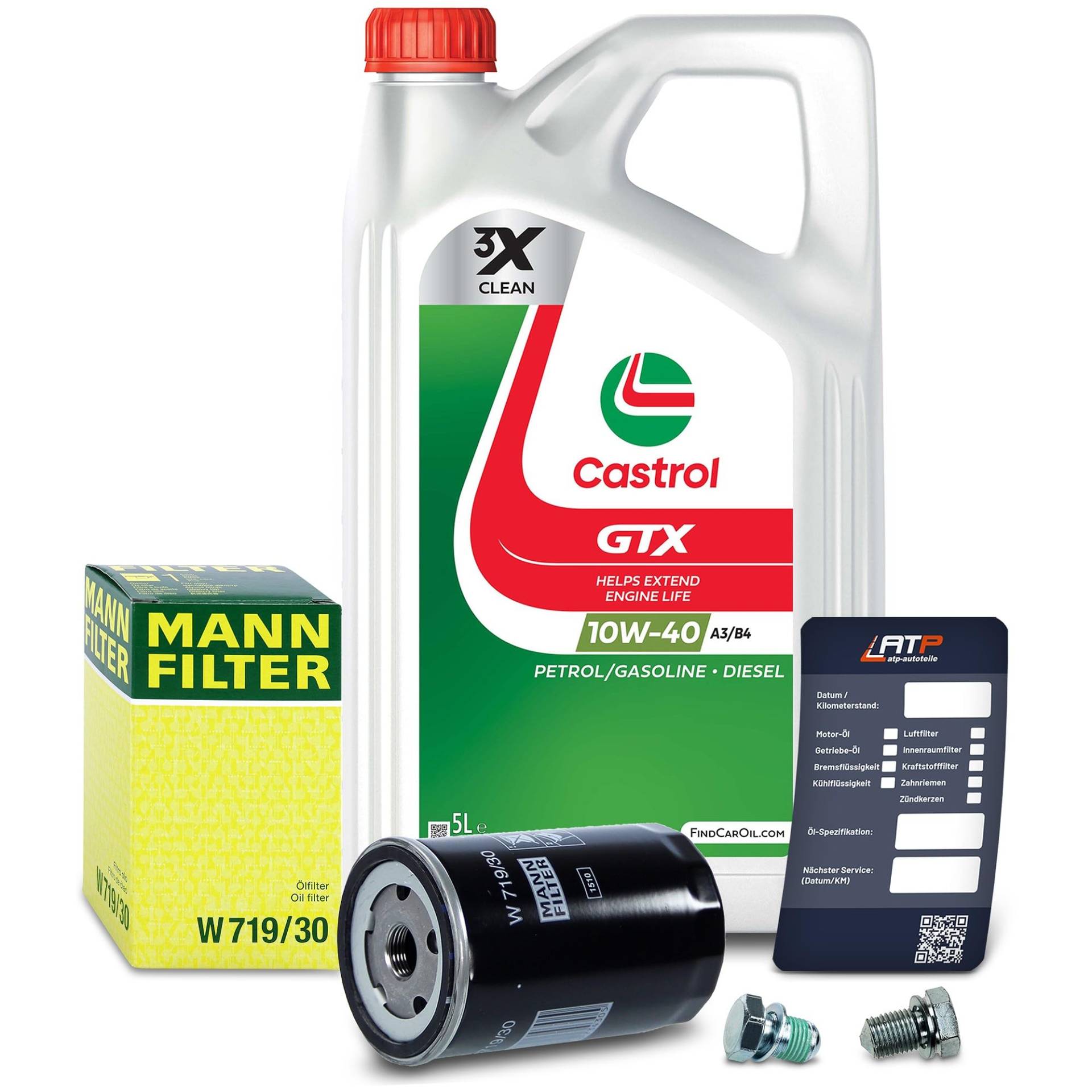 1x Ölwechsel Set - MANN-FILTER ÖLFILTER + 5 L CASTROL GTX ULTRACLEAN 10W-40 A3/B4 von MANN-FILTER