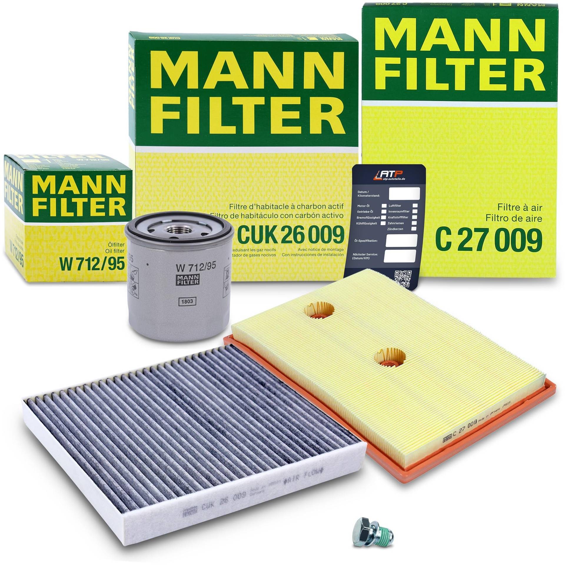 MANN-FILTER Inspektionspaket Filterset 1x Ölfilter, 1x Luftfilter, 1x Innenraumfilter (Aktivkohlefilter), 1x Ölablassschraube mit Dichtring, 1x Ölwechselanhänger, von MANN-FILTER