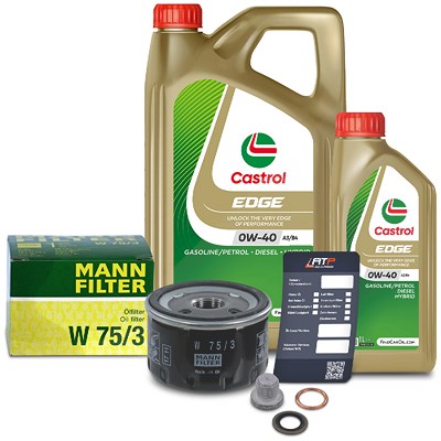 Mann-filter Ölfilter+Schraube+6 L Castrol 0W-40 A3/B4 für Dacia, Mitsubishi, Nissan, Opel, Renault von MANN-FILTER