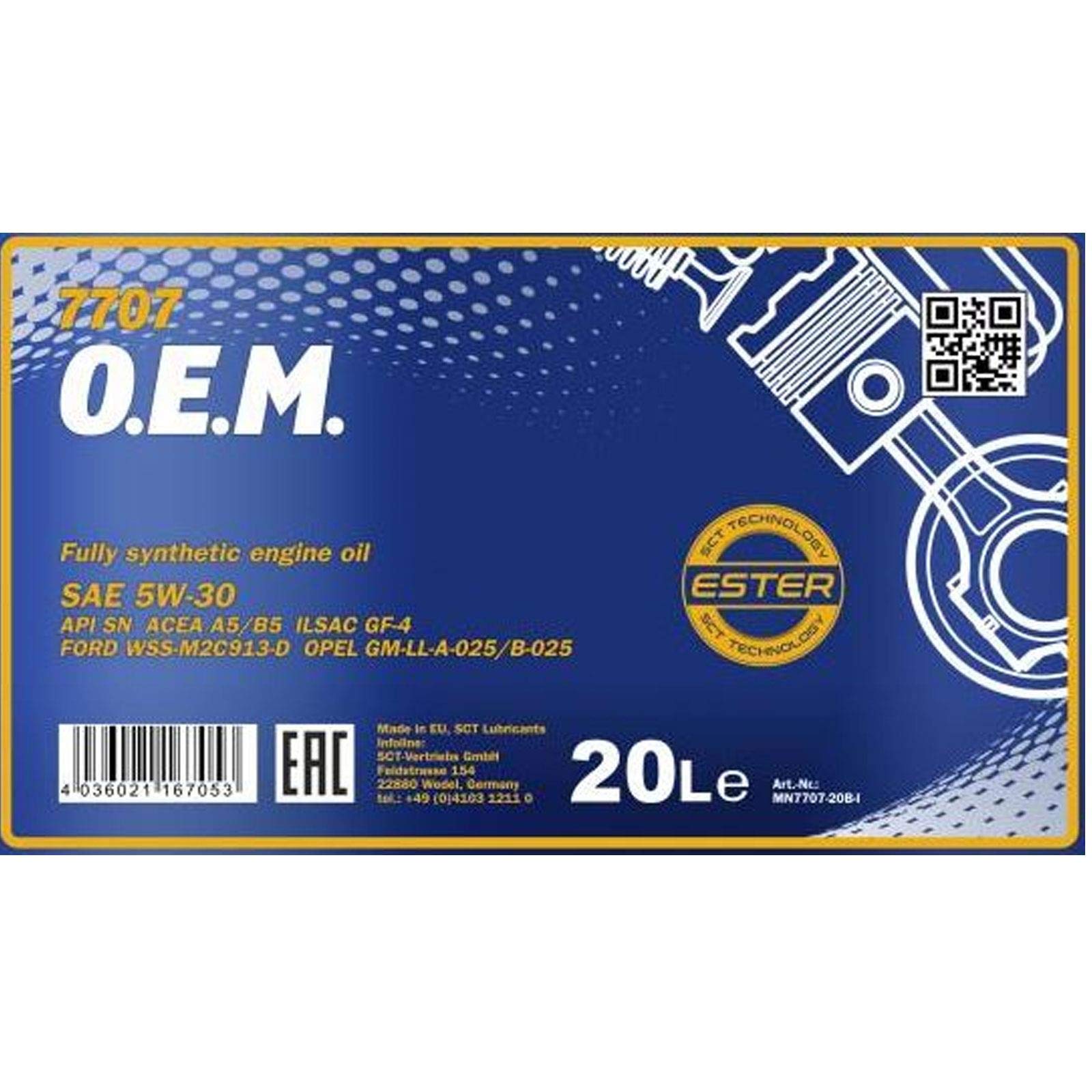 1 x 20L MANNOL 7707 5W-30 ACEA A5 B5 / Motoröl WSS-M2C913-C von MANNOL