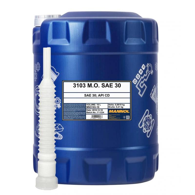 10 Liter, MANNOL 3103 M.O. SAE 30 Einbereichsmotoröl + Auslaufschlauch von MANNOL
