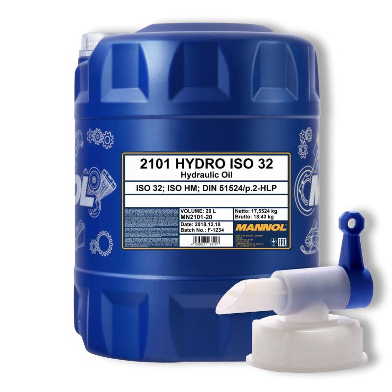 20L Mannol Hydro ISO32 Hydrauliköl Öl HLP 32 DIN 51524/2 VDMA 2431 + Auslaufhahn von MANNOL