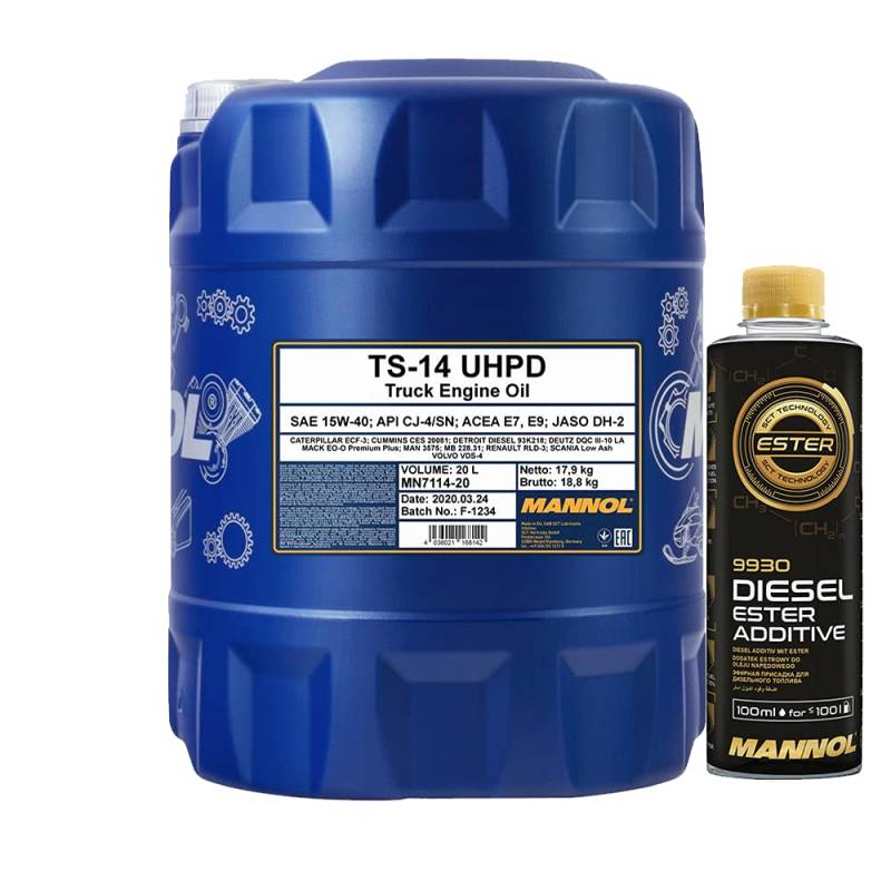 MANNOL 20l, 7114 TS-14 UHPD 15W-40 VDs-4 DPF + Anti-Verschleiß-Reinigung-Additiv - Dieselzusatz 250ml von MANNOL