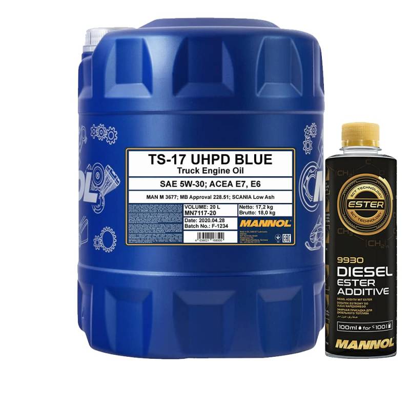 MANNOL 20l, 7117 TS-17 UHPD Blue 5W-30 228.51 DPF + Anti-Verschleiß-Reinigung-Additiv - Dieselzusatz 250ml von MANNOL
