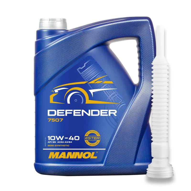 MANNOL Defender Motoröl 10W-40 5 Liter - teilsynthetisch 10W-40 API SL/CF ACEA A3/B4 MB 229.1 501.00/505.00 + Auslaufschlauch von MANNOL