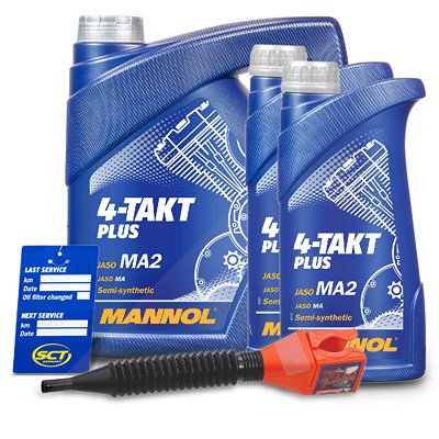 Mannol 6 L 4-Takt Plus Motoröl + Ölwechsel-Anhänger + Einfülltrichter [Hersteller-Nr. MN7202-4] von MANNOL
