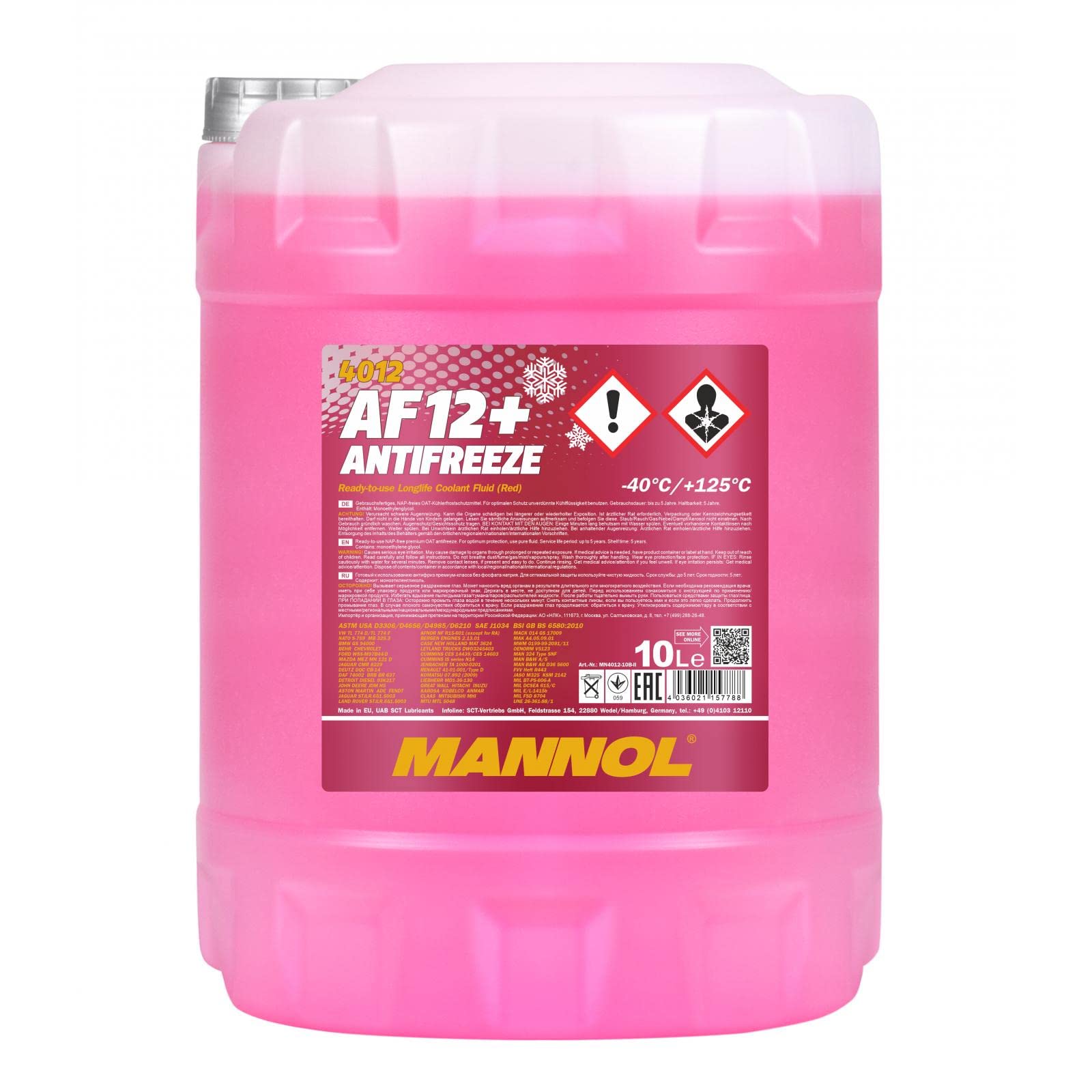 MANNOL Antifreeze AF12+ Kühlerfrostschutz 10 Liter, Rosa bis-40°C für G12+ Frostschutz von MANNOL