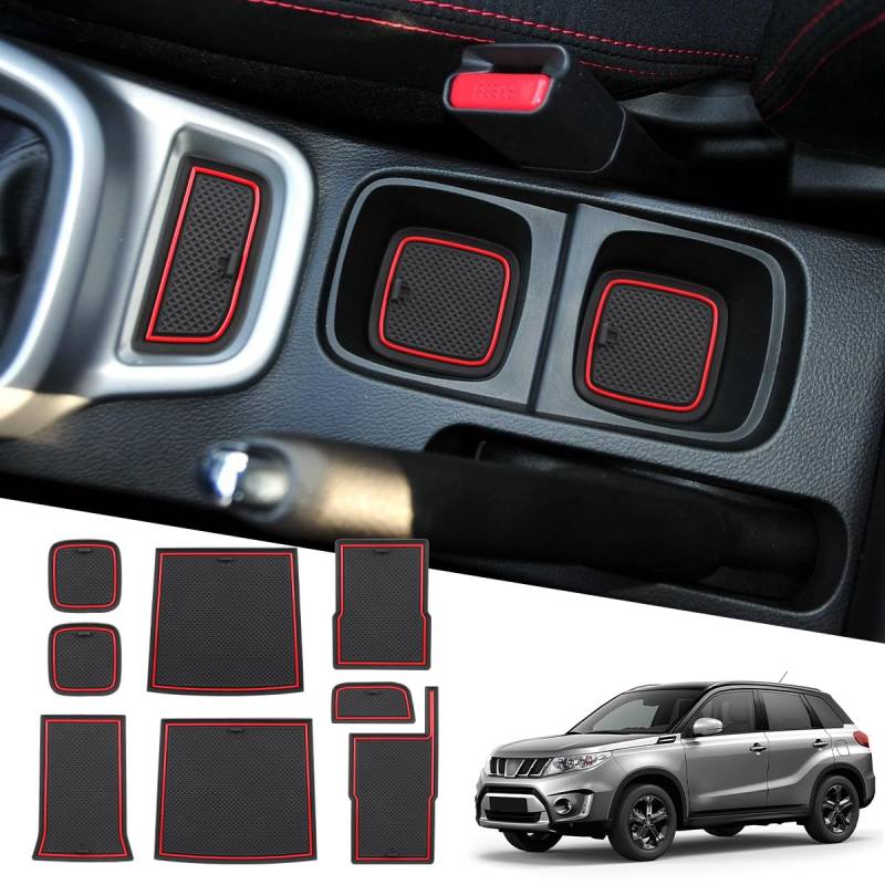 MARCHFA Mittelkonsole Matte Gummimatten für Vitara 2016-2023 2024 Auto Zubehör Anti-Rutsch-Matte für Mittelkonsole, Untersetzer 8 Stück (Rot) von MARCHFA