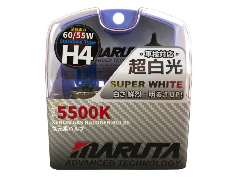 MARUTA SUPER WHITE H4 12V 60/55W Halogenlampe für Scheinwerfer, Abblendlicht & Fernlicht, 5500K Xenon-Effekt, langlebige Xenon-Gas Birne mit hochwertigem Quarzglas & Straßenzulassung (ECE Prüfzeichen) von MARUTA