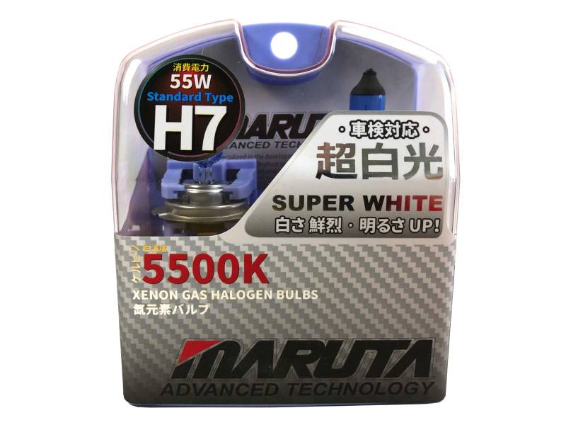 MARUTA SUPER WHITE H7 12V 55W Halogenlampe für Scheinwerfer, Abblendlicht, 5500K Xenon-Effekt, langlebige Xenon-Gas Birne mit hochwertigem Quarzglas & Straßenzulassung (ECE Prüfzeichen) von MARUTA