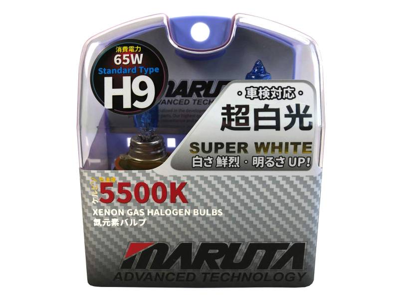MARUTA SUPER WHITE H9 12V 65W Halogenlampe für Scheinwerfer, Fern-, Nebel-, Tagfahrlicht, 5500K Xenon-Effekt, langlebige Xenon-Gas Birne mit hochwertigem Quarzglas & Straßenzulassung (ECE Prüfzeichen) von MARUTA