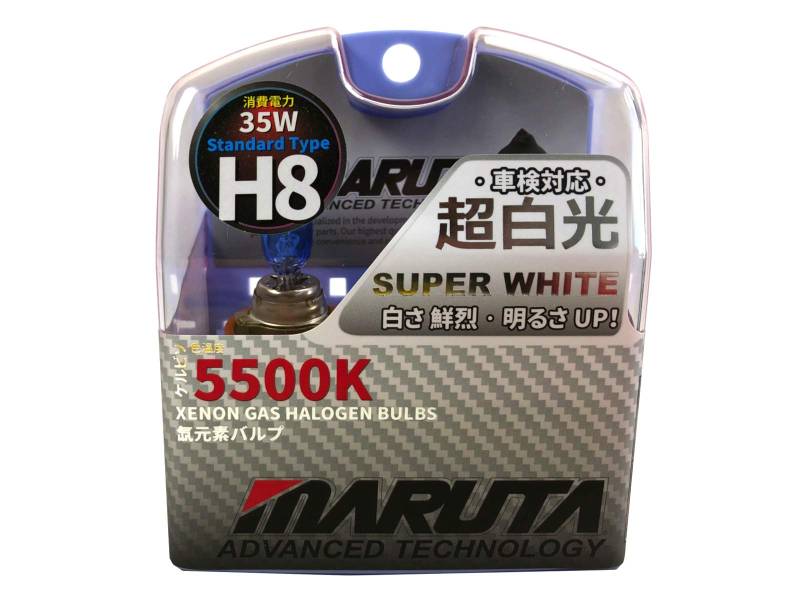 MARUTA SUPER WHITE H8 12V 35W Halogenlampe für Scheinwerfer, Nebellicht & Tagfahrlicht, 5500K Xenon-Effekt, langlebige Xenon-Gas Birne mit hochwertigem Quarzglas & Straßenzulassung (ECE Prüfzeichen) von MARUTA