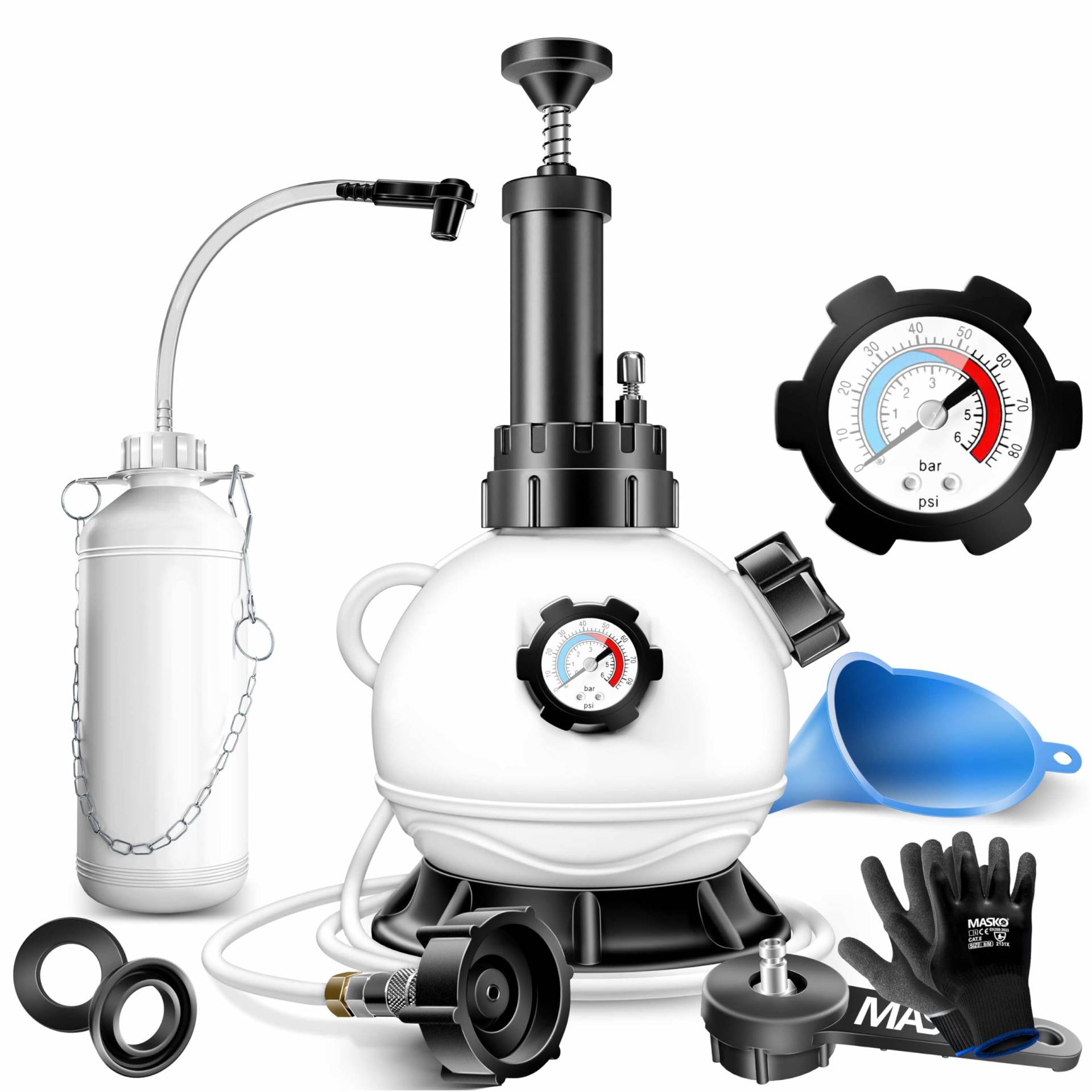 MASKO® Bremsenentlüftungsgerät Auto Bremsentlüfter KFZ Bremsflüssigkeits-Wechselgerät 2L für Scheibenbremsen & Trommelbremsen mit Handpumpe & 1L Absaugbehälter für E20, Adapter, Schlauch & Zubehör von MASKO