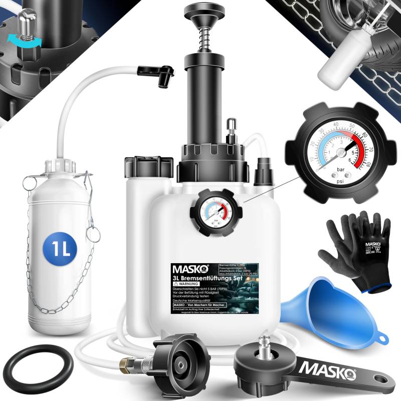 MASKO® Bremsenentlüftungsgerät Auto Bremsentlüfter KFZ Bremsflüssigkeits-Wechselgerät für Scheibenbremsen & Trommelbremsen mit Handpumpe & 1L Absaugbehälter für E20, Adapter, Schlauch & Zubehör von MASKO