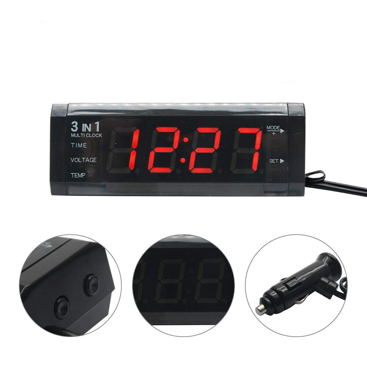 MASO Auto-Thermometer, LCD-Uhr, multifunktional, 3-in-1 Fahrzeug-Auto-Set, Digitalanzeige, Uhr + Temperatur-Thermometer + Spannungsmesser, Voltmeter, Rot von MASO