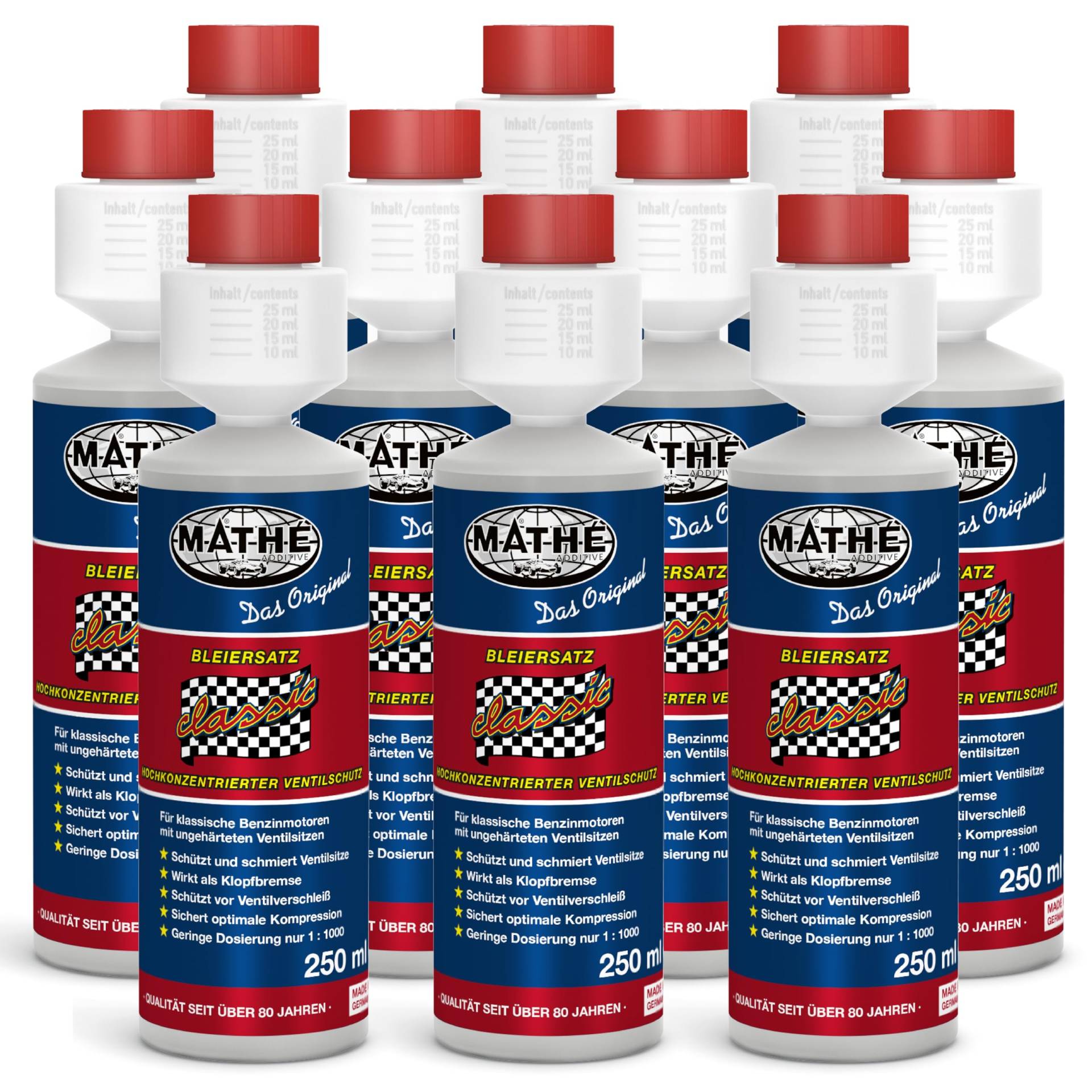 MATHÉ Classic Bleiersatz (10 x 250 ml) - Kraftstoff-Additiv für Oldtimer - Benzinadditiv - Schutz vor Ventilverschleiß - Blei-Ersatz - Benzin-Zusatz für Ottomotoren, Old- und Youngtimer - Schmierstoff MATHÉ Classic Bleiersatz (10 x 250 ml) - Kraftstoff-Additiv für Oldtimer - Benzinadditiv - Schutz vor Ventilverschleiß - Blei-Ersatz - Benzin-Zusatz für Ottomotoren, Old- und Youngtimer - Schmierstoff von MATHY