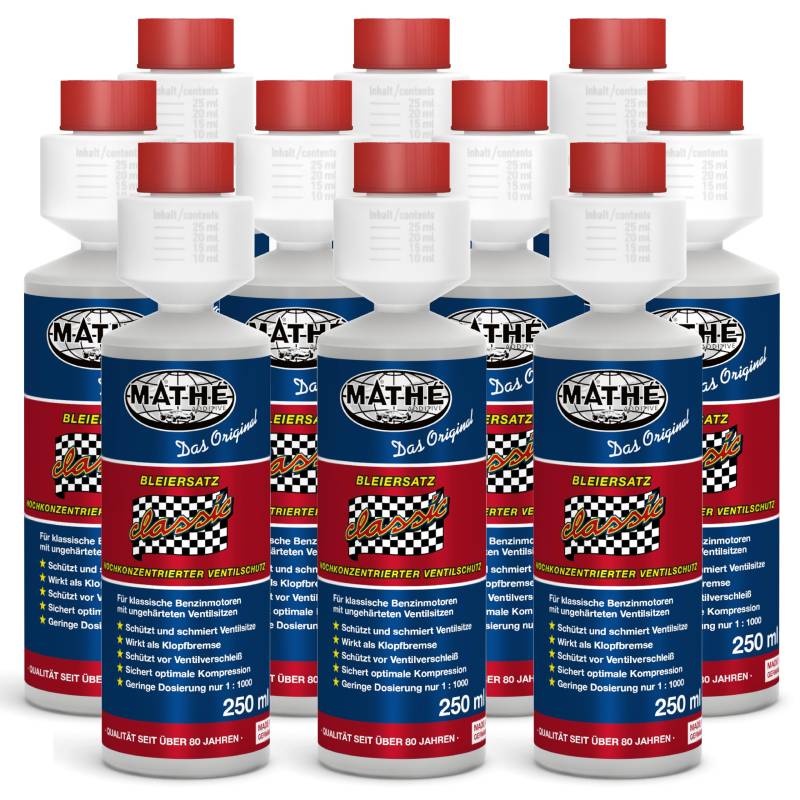 MATHÉ Classic Bleiersatz (10 x 250 ml) - Kraftstoff-Additiv für Oldtimer - Benzinadditiv - Schutz vor Ventilverschleiß - Blei-Ersatz - Benzin-Zusatz für Ottomotoren, Old- und Youngtimer - Schmierstoff von MATHY