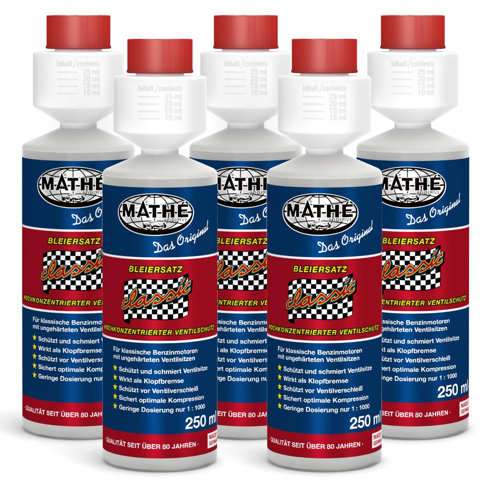 MATHÉ Classic Bleiersatz (5 x 250 ml) - Kraftstoff-Additiv für Oldtimer - Benzinadditiv - Schutz vor Ventilverschleiß - Blei-Ersatz - Benzin-Zusatz für Ottomotoren, Old- und Youngtimer - Schmierstoff von MATHY