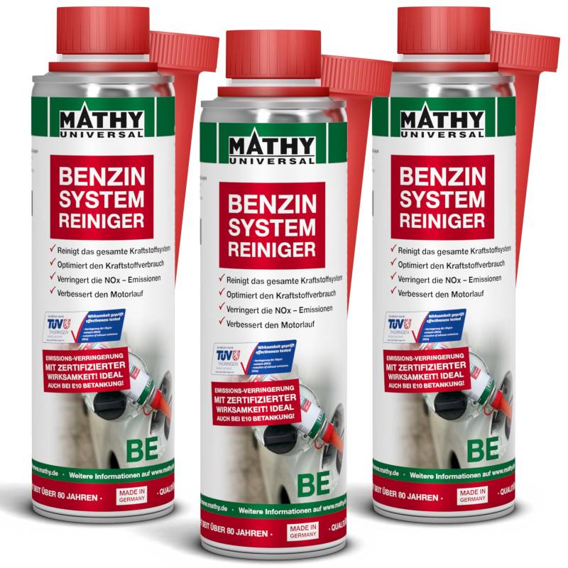 MATHY-BE Benzin System Reiniger, 3 x 250 ml - Benzin Additiv - Ventil-Reiniger - Benzin Zusatz - Einfache Anwendung über den Tank - Kraftstoffadditiv von MATHY