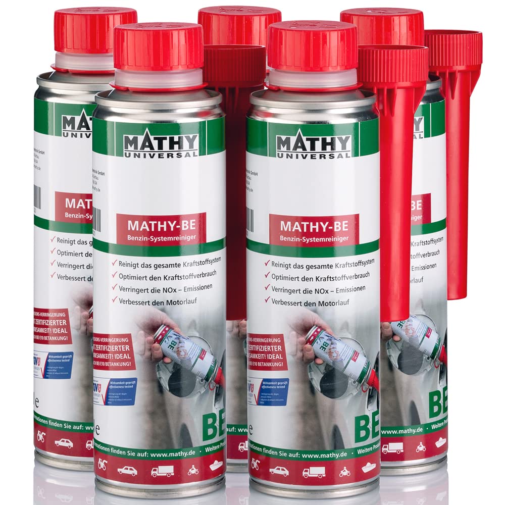 MATHY-BE Benzin System Reiniger, 5 x 250 ml - Benzin Additiv - Ventil-Reiniger - Benzin Zusatz - Einfache Anwendung über den Tank - Kraftstoffadditiv von MATHY