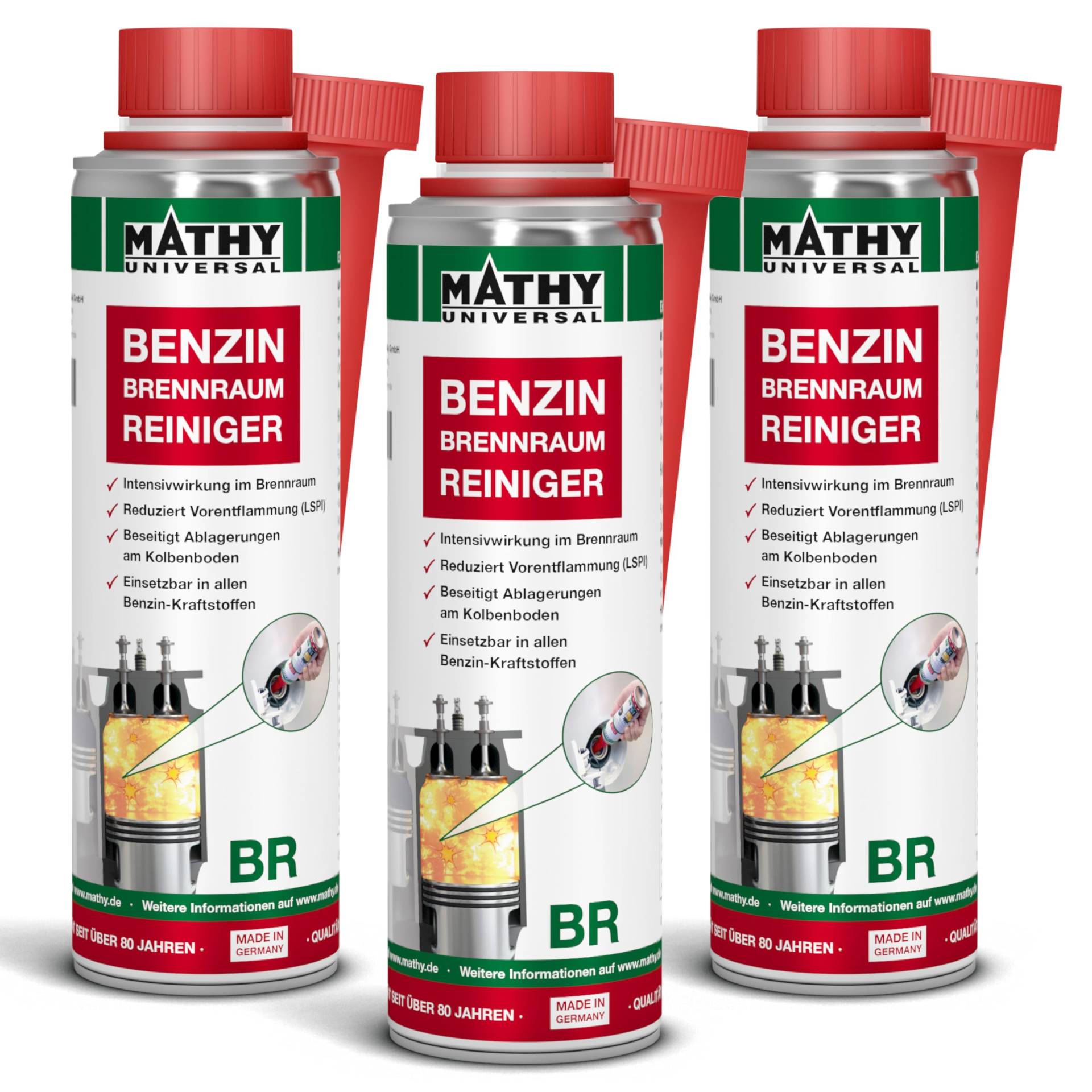 MATHY-BR Brennraumreiniger Benzin, 3 x 250 ml Dose - Benzin Additiv - Kolbenring Reiniger - geeignet für Downsizing-Motoren - Kraftstoffadditiv Benzin Motoren von MATHY