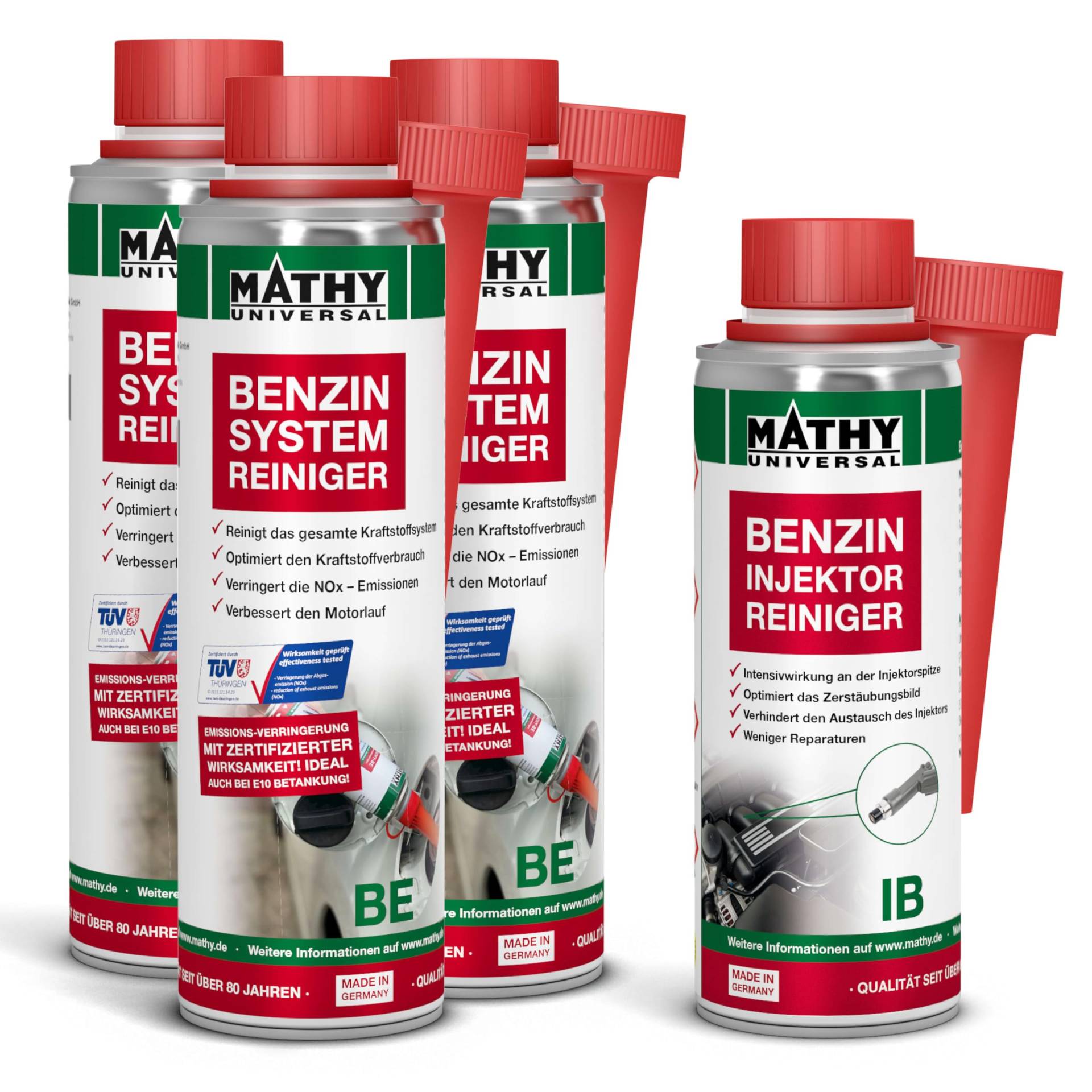 MATHY Benzin-Kur - Benzin Systemreiniger + Injektoren Reiniger Benzin - Bundle zur Reinigung von Einspritzdüsen & Ventilen - Benzin Additiv, 4 Dosen von MATHY