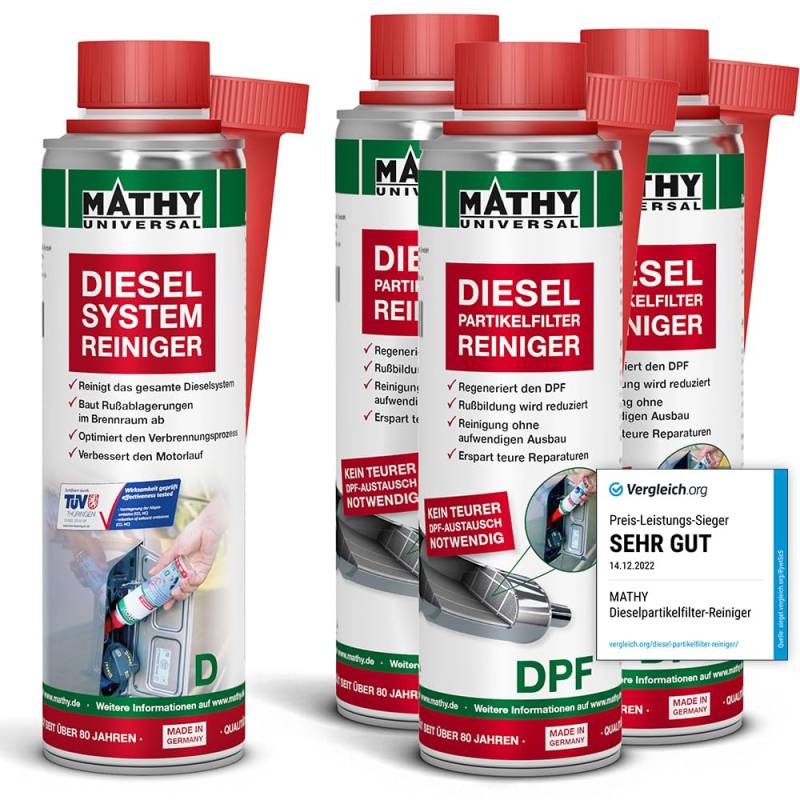 MATHY DPF-Kur - DPF Reiniger Diesel - Set Diesel Systemreiniger für Intensive DPF Partikelfilter Reinigung - Diesel Additiv, 4 Dosen von MATHY
